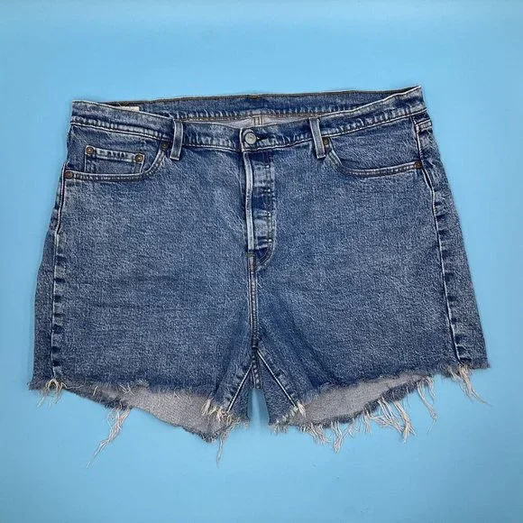 Levis 501 Blue Denim Distressed Stretch Shorts Button Fly Summer Casual W40 - Picture 1 of 12